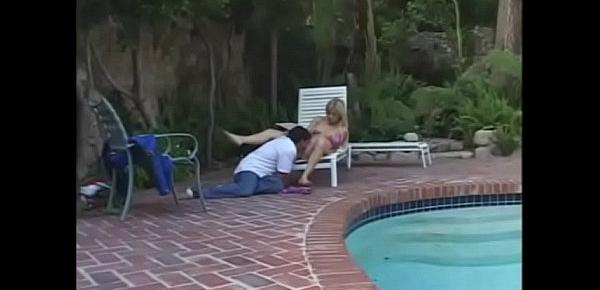  Hot blonde milf in bikini Angela Stone has her pussy eaten poolside then gets to suck cock